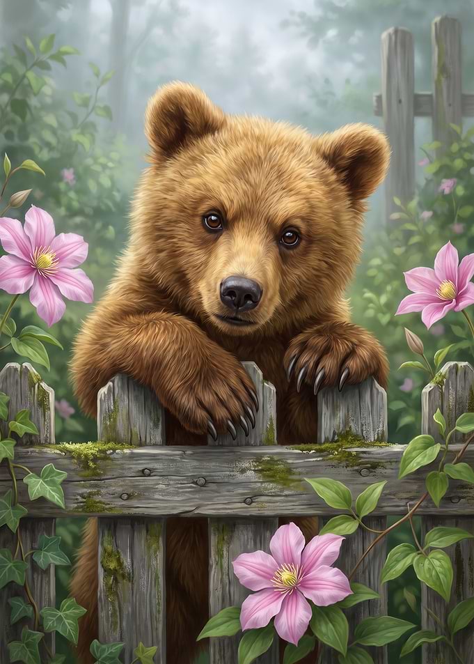 Cute Baby Bear Behind Garden Fence
