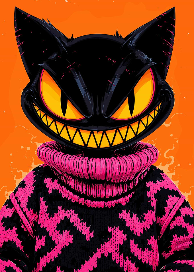 Grinning Black Cat in Pink Sweater