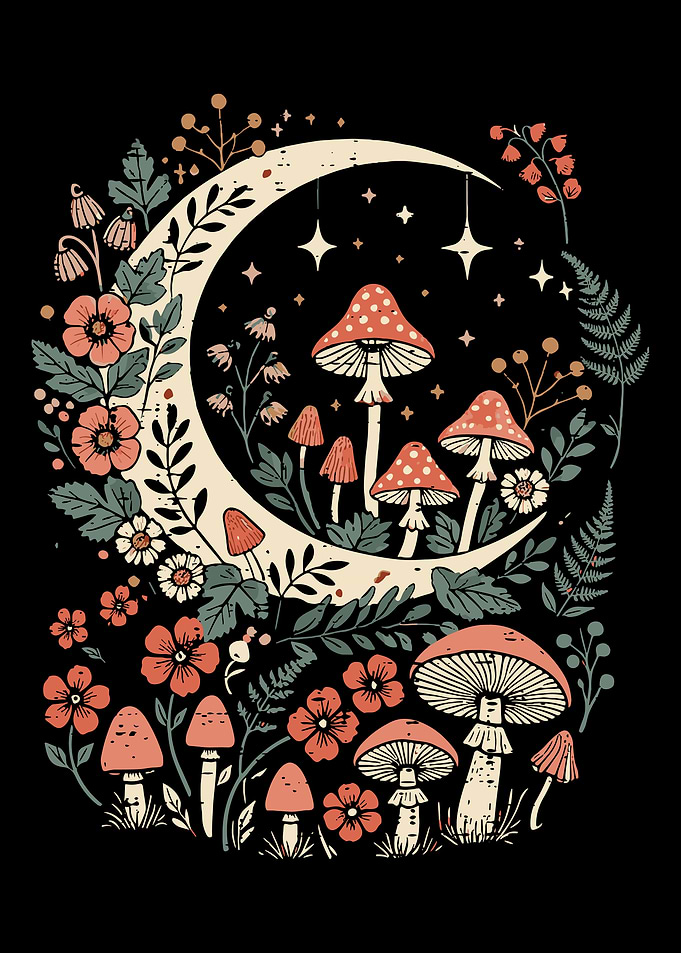 Celestial Mushroom and Floral Illustration