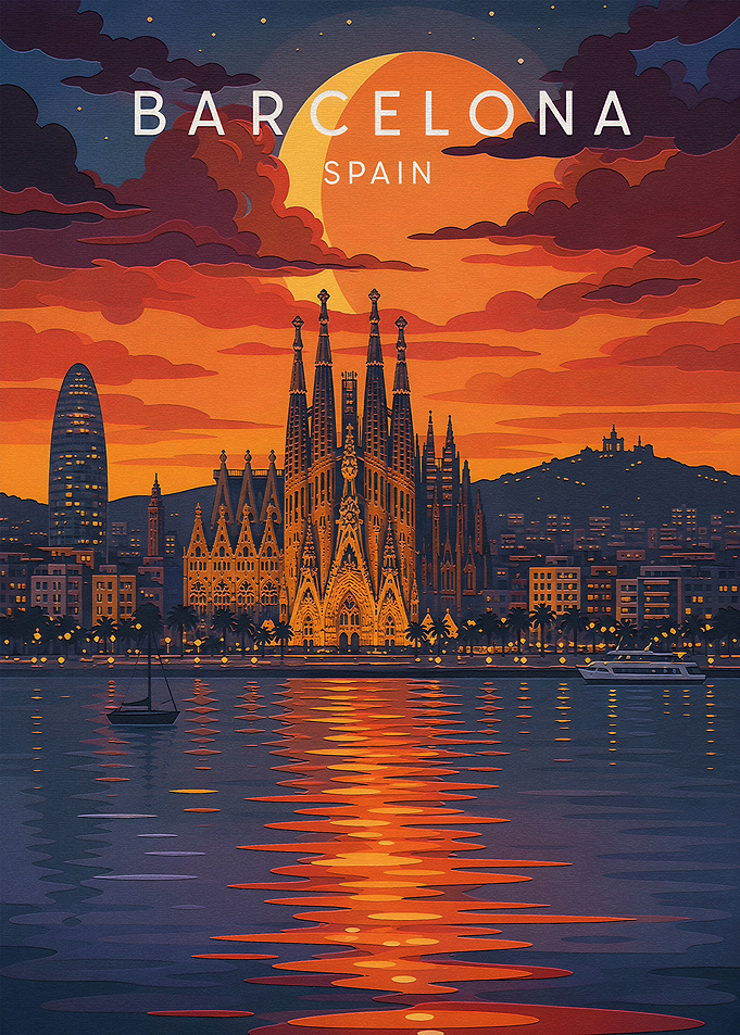 Barcelona Spain Sunset Travel Poster