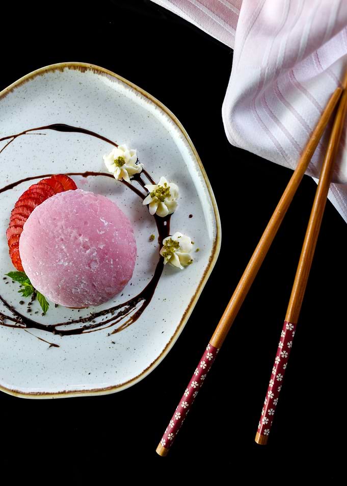 Pink Mochi Dessert with Strawberries