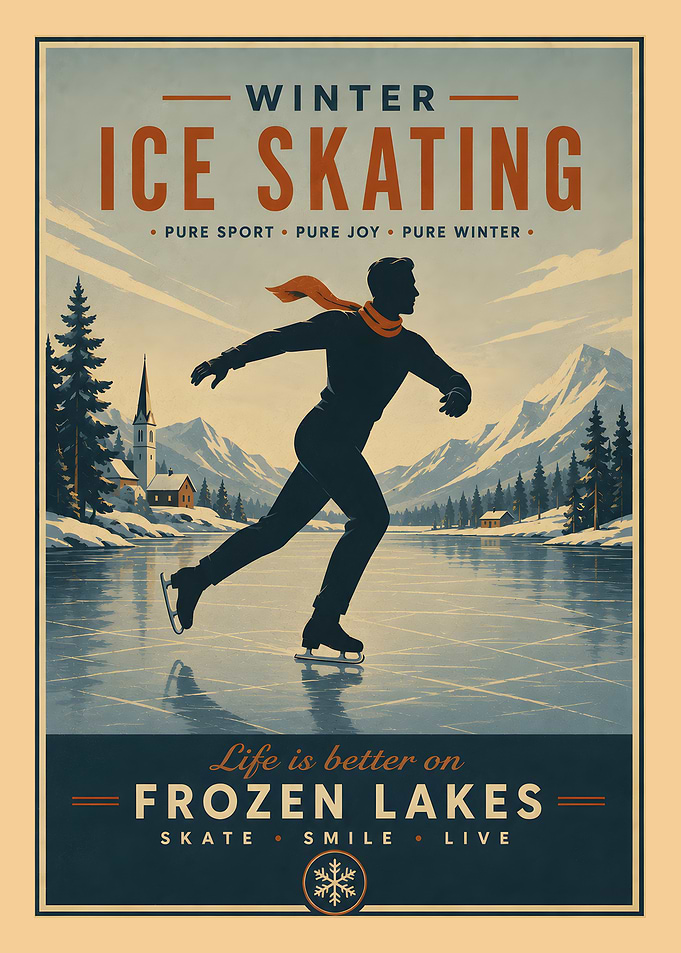 Vintage Ice Skating Frozen Lakes Poster