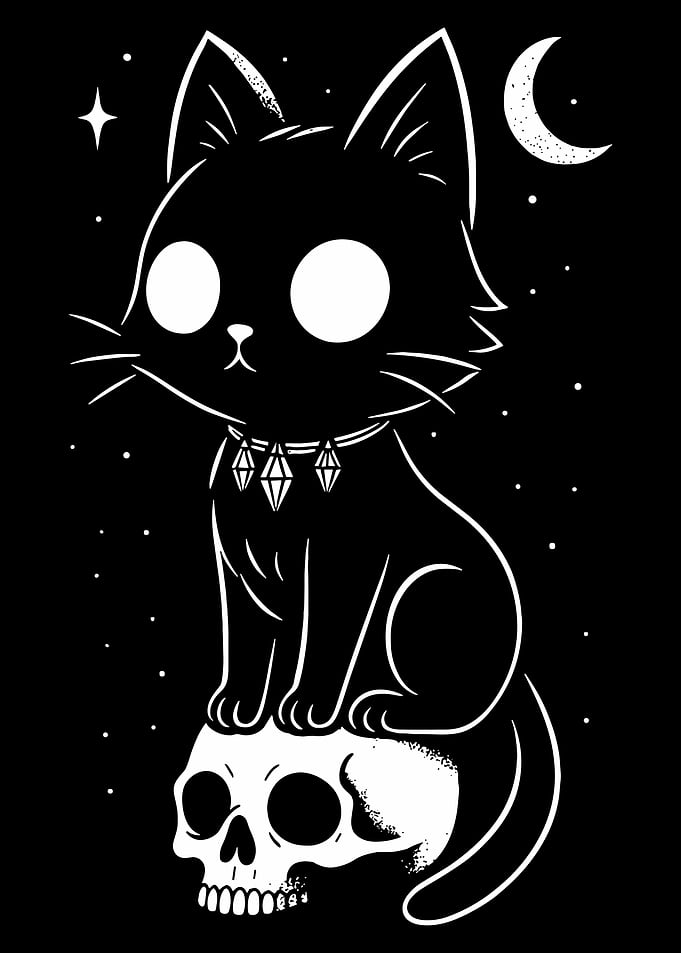 Mystic Black Cat on Skull Gothic Moon Wall Art Minimal Celestial Poster