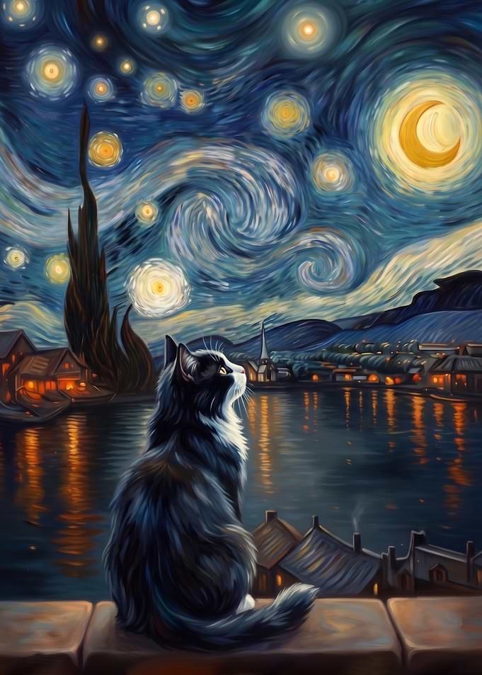 Starry Night Sky moon and the tuxedo Cat
