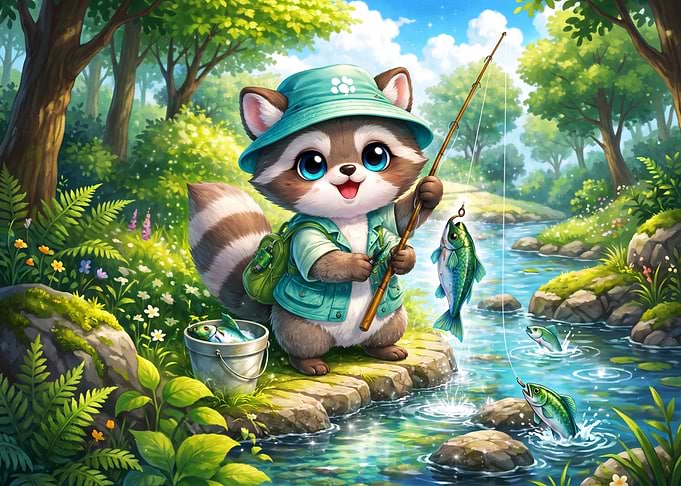 Cute Raccoon Fishing in Forest