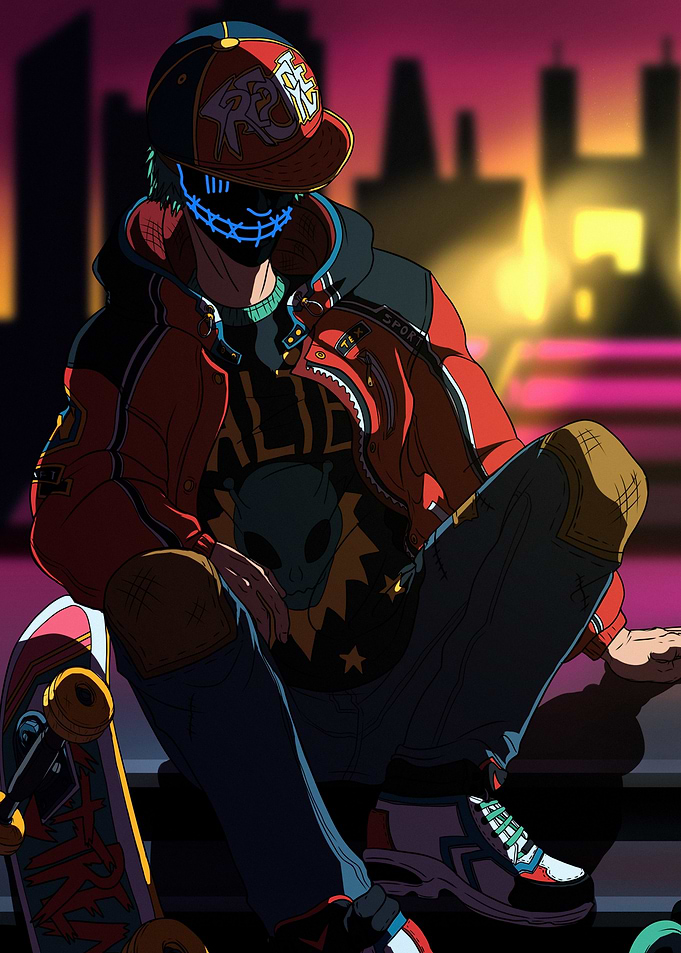 Cyberpunk Skater with Neon Mask