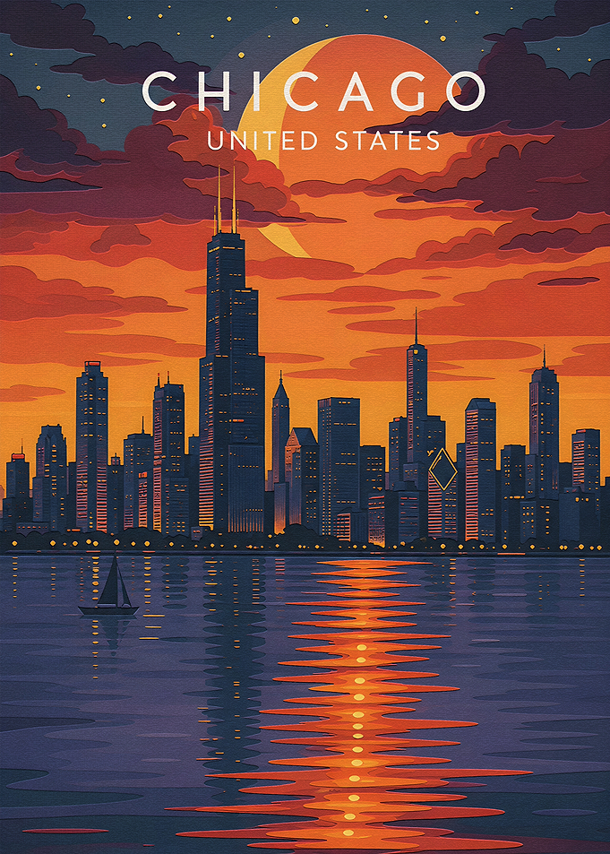 Chicago Skyline Sunset Travel Poster