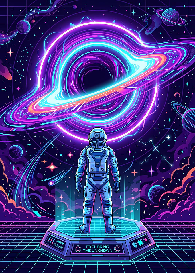 Astronaut Exploring a Neon Black Hole