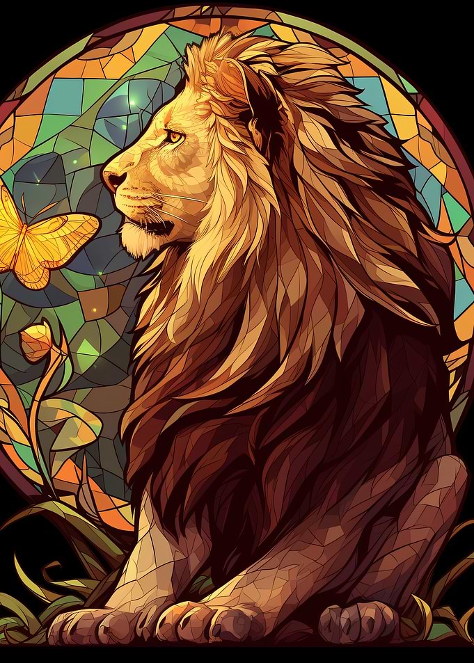 Stained Glass Lion and Butterfly