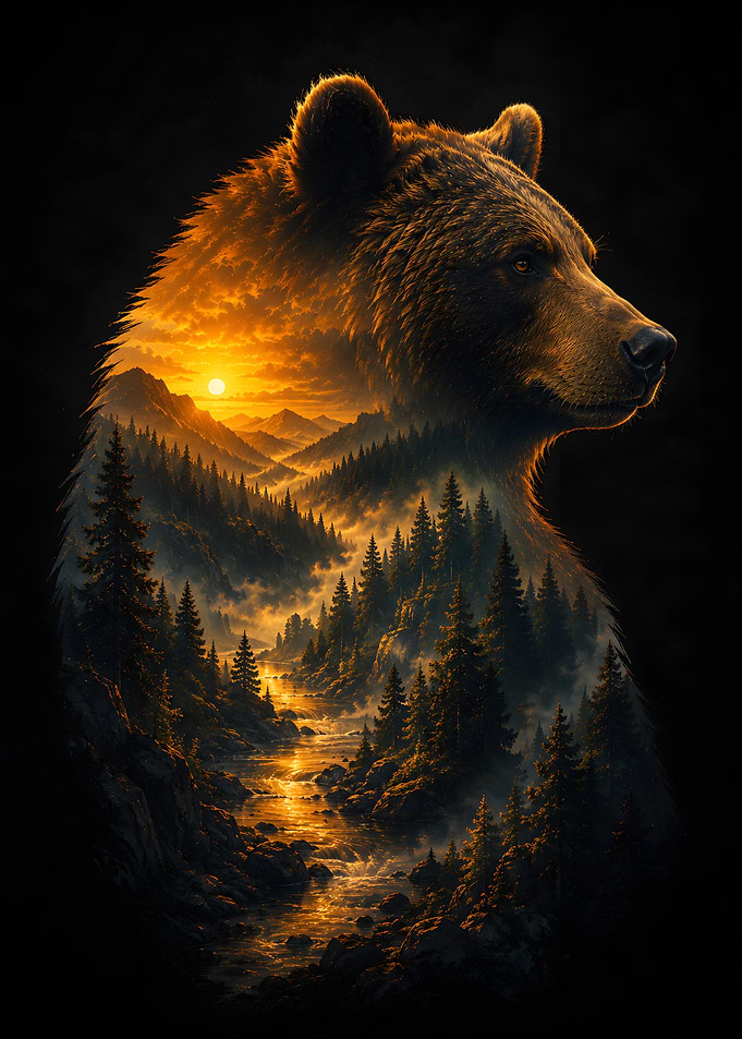 Double Exposure Bear and Forest Landscape