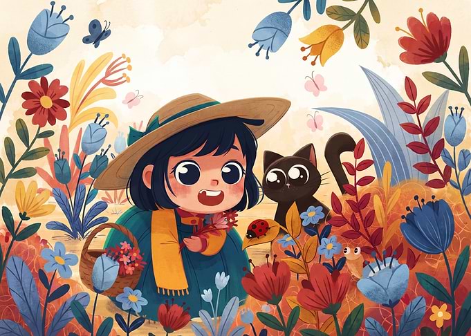 Girl and Cat in Flower Garden