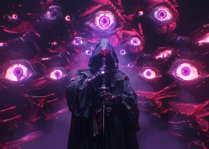 Dark hooded warrior with glowing eyes