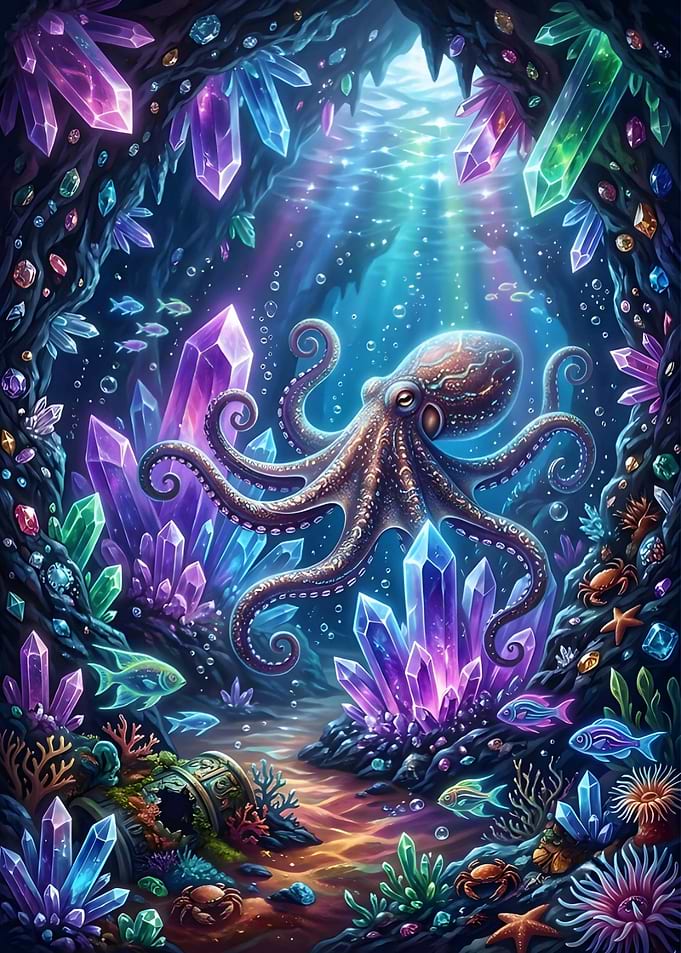 Octopus in a Magical Crystal Cave Wall Art – Magical Underwater Fantasy Illustration