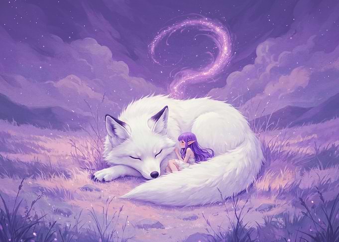 Elf Girl Sleeping with Giant Fox