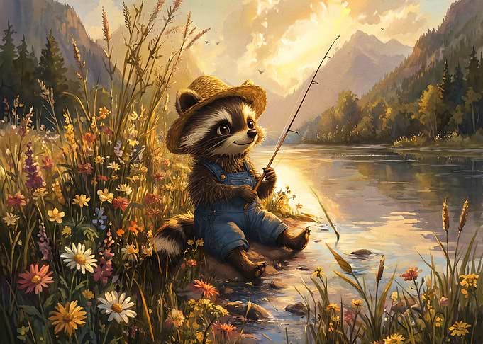 Cute Raccoon Fishing by the River