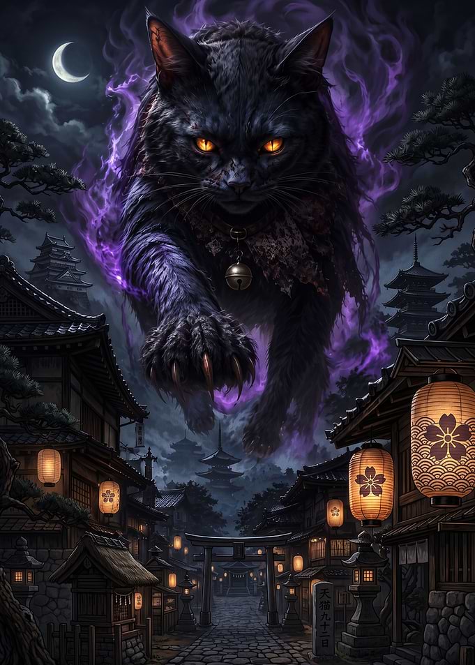 Giant Spectral Cat Over Japanese Village
