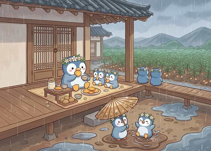 Cute Penguins Enjoying Rainy Day Picnic