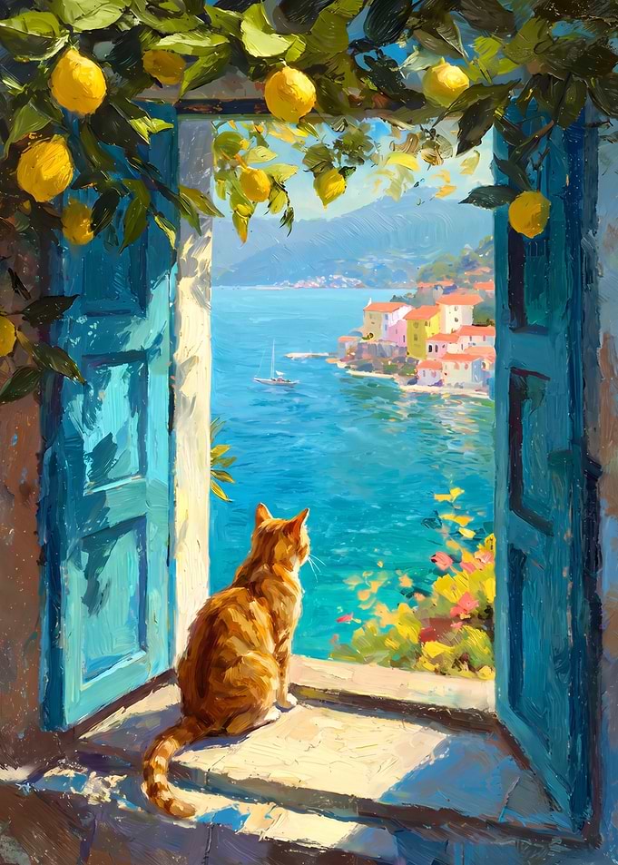 Cat Looking Out at Mediterranean Coast