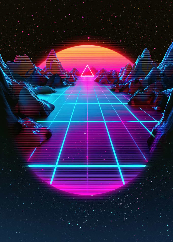 Synthwave Retro Landscape with Neon Triangle