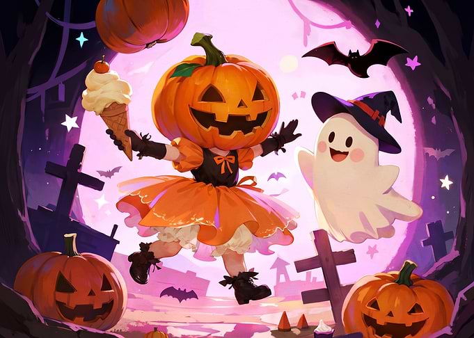 Cute Halloween Pumpkin Girl and Ghost