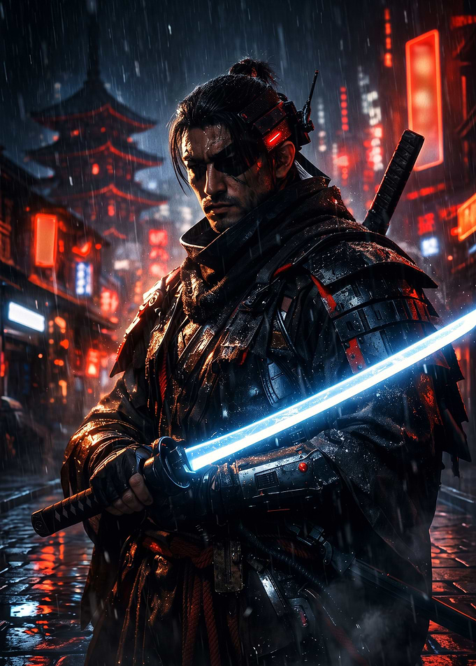 Cyberpunk Samurai with Glowing Katana