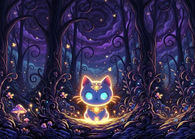 Glowing Magical Cat in Enchanted Forest