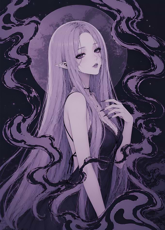 Anime Ethereal Elf in Purple Moonlight