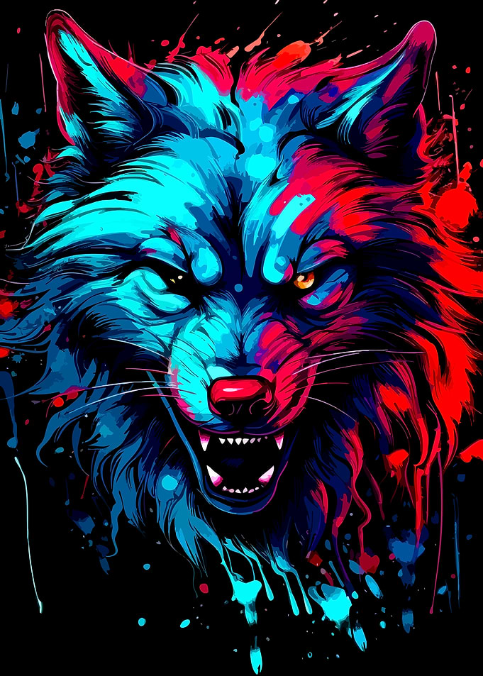 Neon Splatter Wolf Portrait