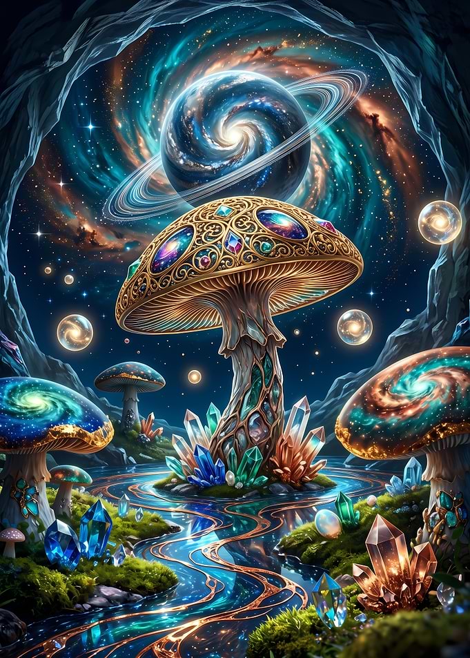 Cosmic Crystal Mushroom Fantasy Landscape