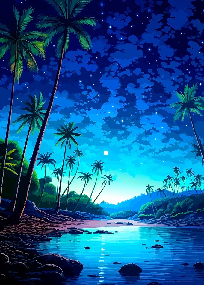 Tropical Beach Under Starry Night