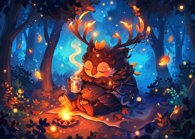 Cozy Owl Creature by Campfire
