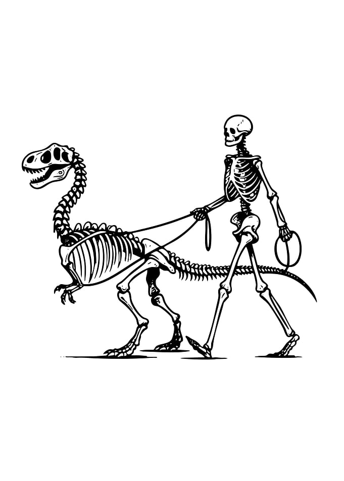 Skeleton Walking a Dinosaur Skeleton