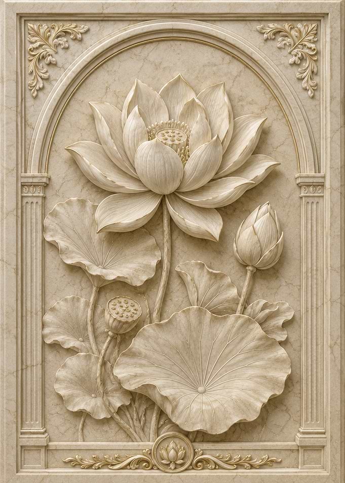 Elegant Marble Lotus Relief Wall Art
