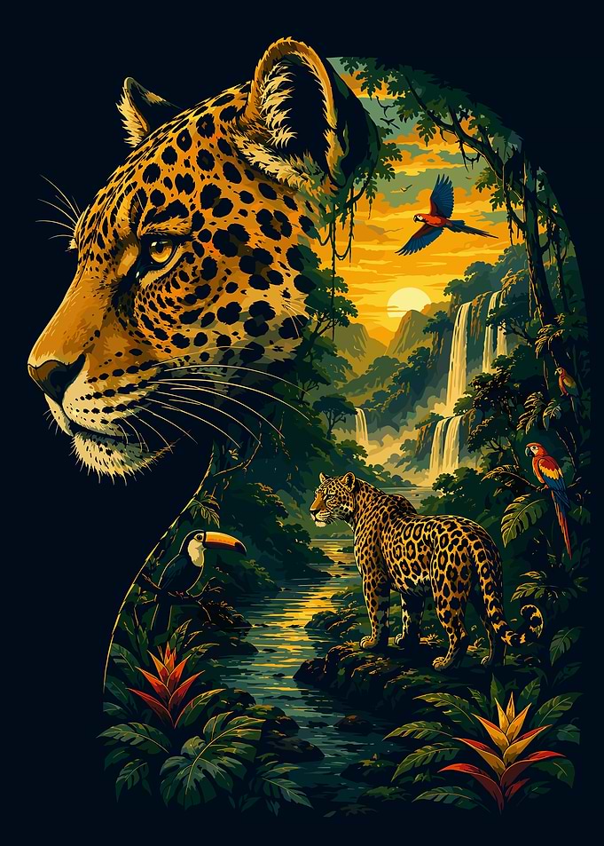 Leopard Jungle Sunset Double Exposure Art