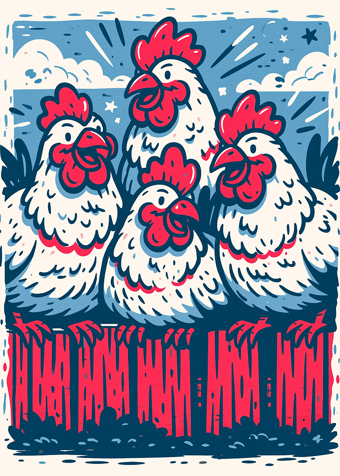 Four Happy Chickens on Fence