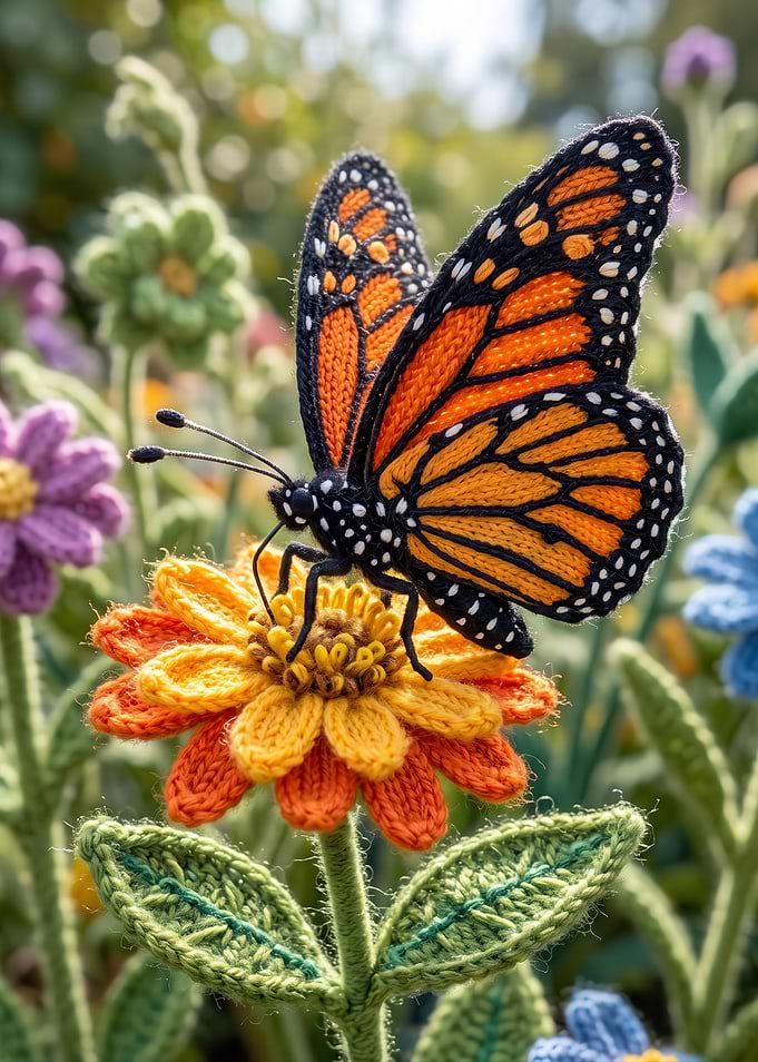 Crocheted Monarch Butterfly on Flower