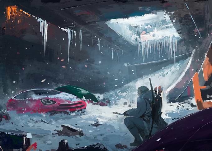 Post-Apocalyptic Survivor in Frozen Ruins