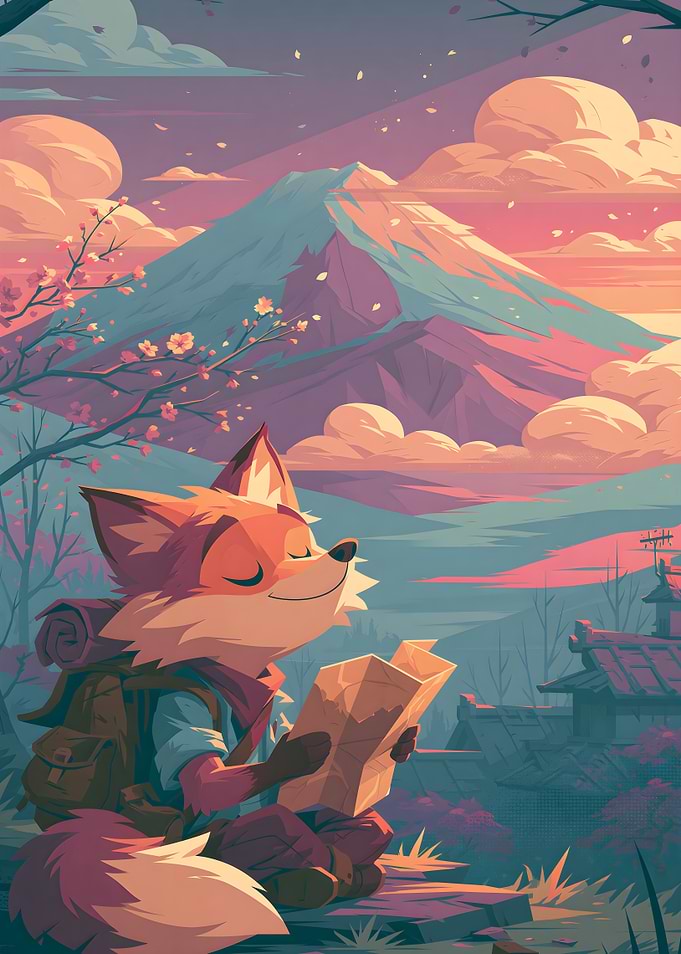 Adventurous Fox Exploring Japanese Landscape