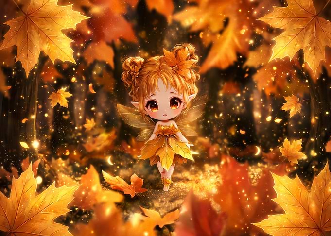 Chibi Autumn Fairy in Golden Forest