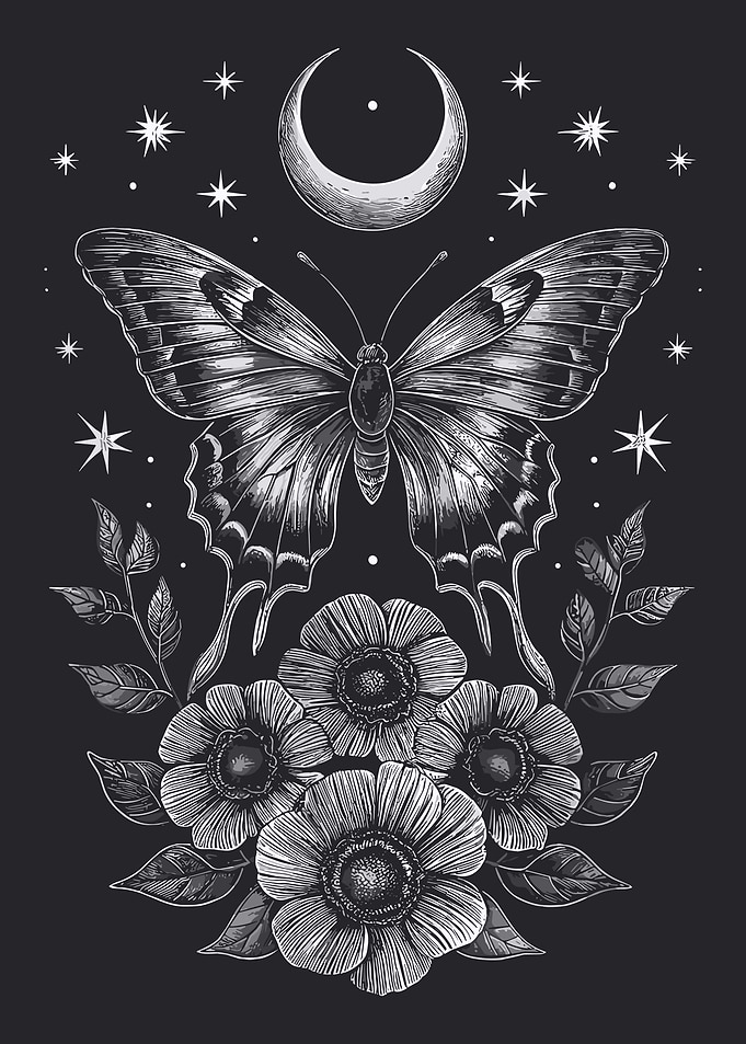 Celestial Butterfly & Floral Line Art Wall Poster | Mystical Black and White Nature Decor