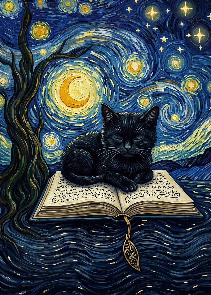 Black Cat Sleeping on Magical Book