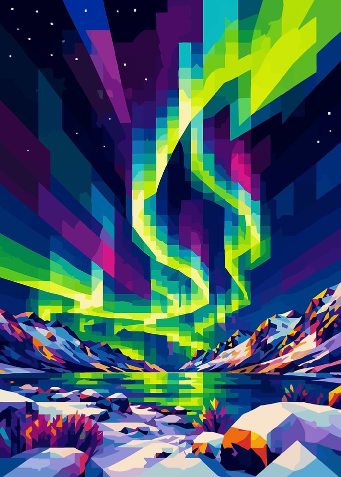 Geometric Northern Lights Landscape