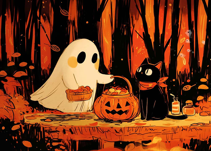 Cute Ghost and Black Cat Halloween
