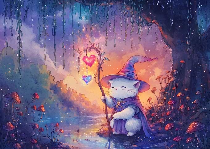 Cute Wizard Cat in Magical Forest