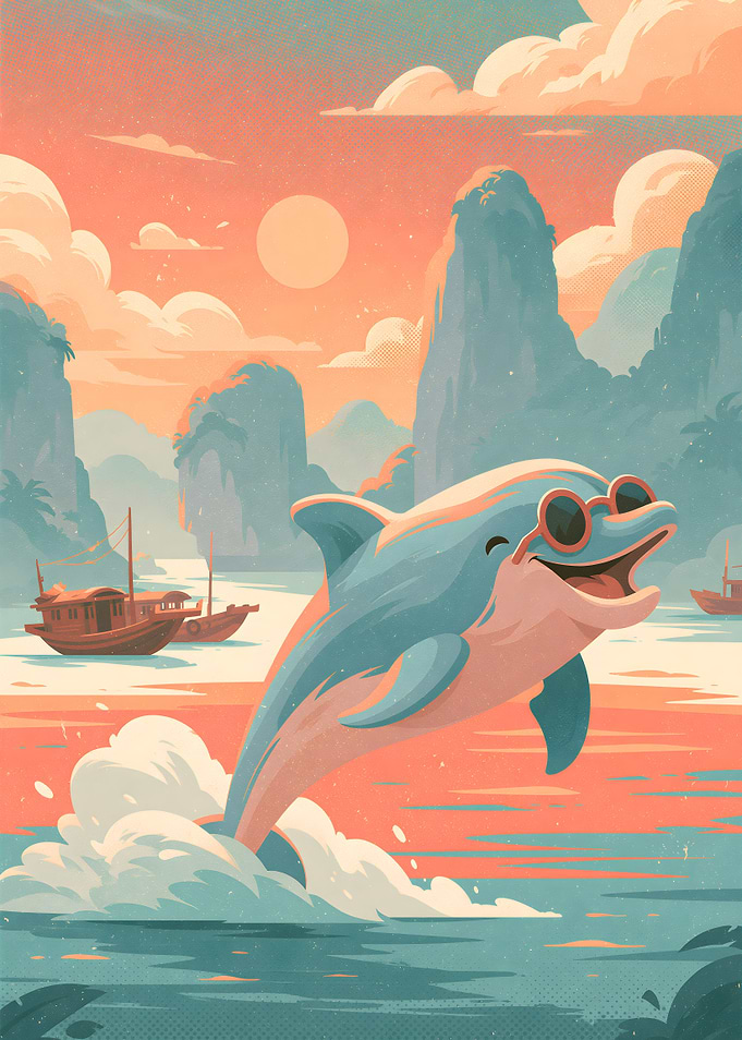 Happy Dolphin Wearing Sunglasses at Sunset