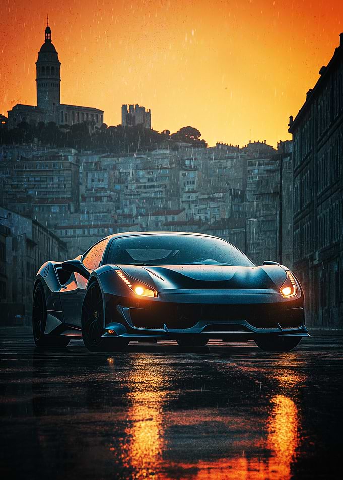 Supercar in Marseille City Sunset