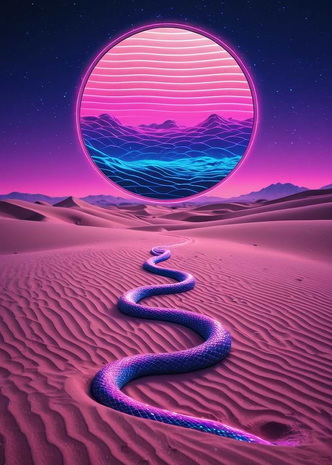 Neon Serpent Across a Surreal Desert Leading to a Glowing Portal