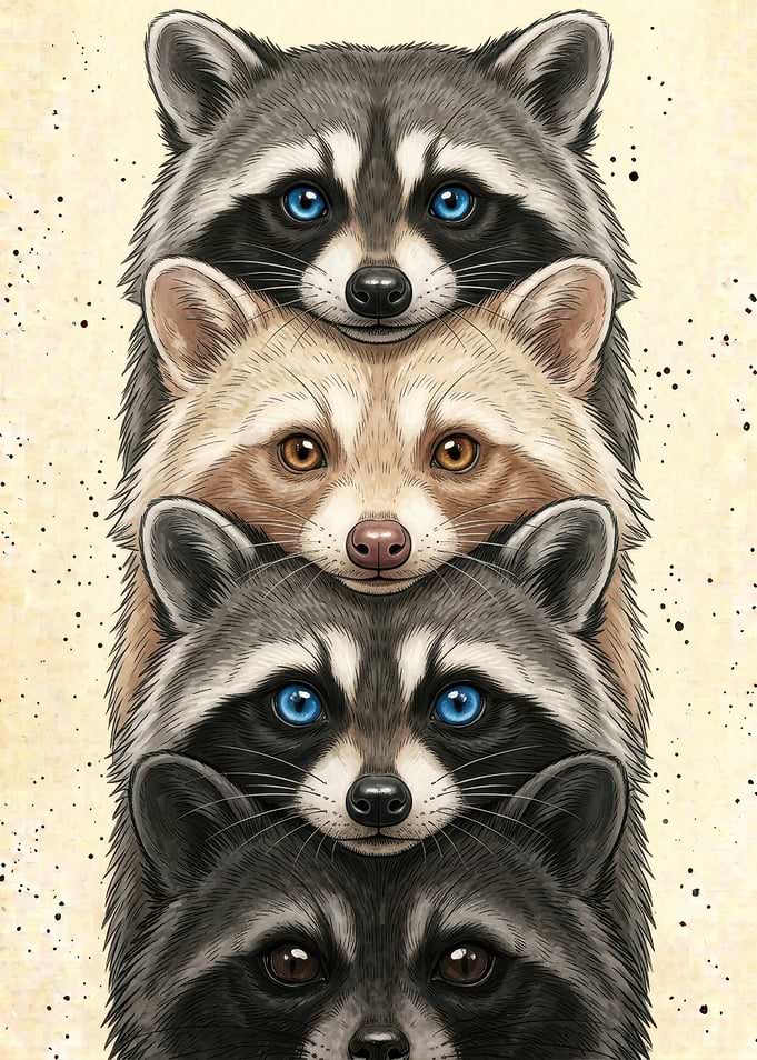 Stack of Four Cute Raccoons