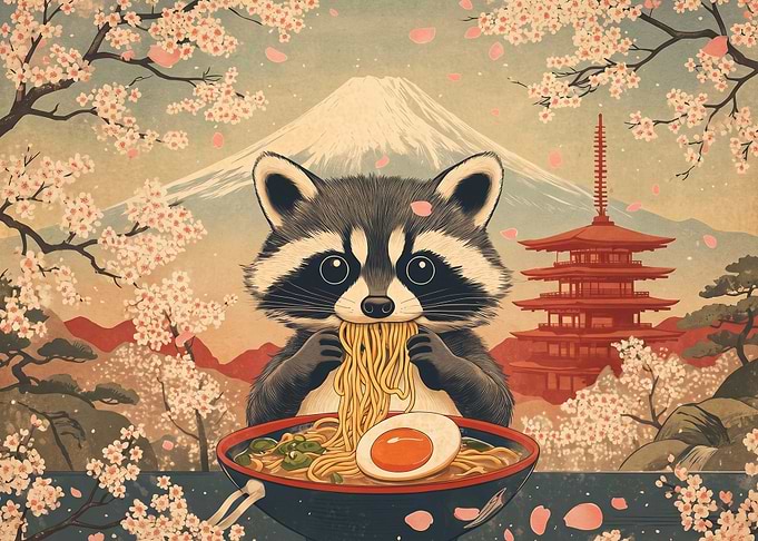 Raccoon Eating Ramen in Japan