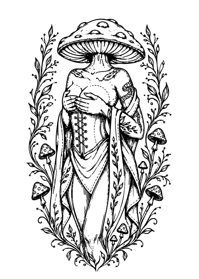 Mushroom Headed Goddess Line Art
